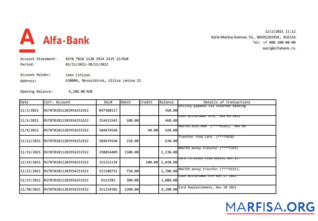 Blank Russia Alfa bank statement word real example